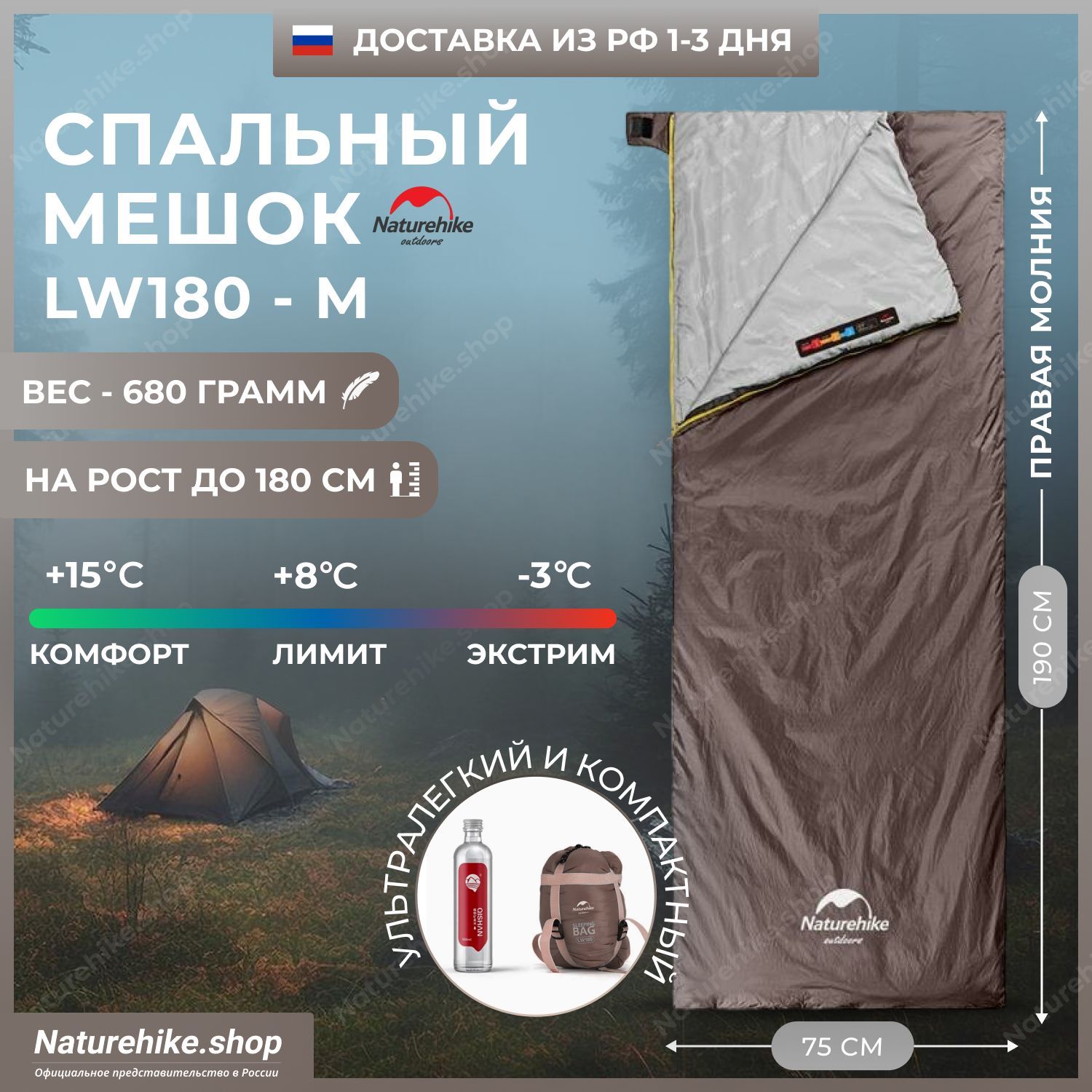 Летний Спальный мешок Naturehike LW180, 190 см, коричневый, правый спальник, до -3 C, M-Grayish Brown, NH21MSD09