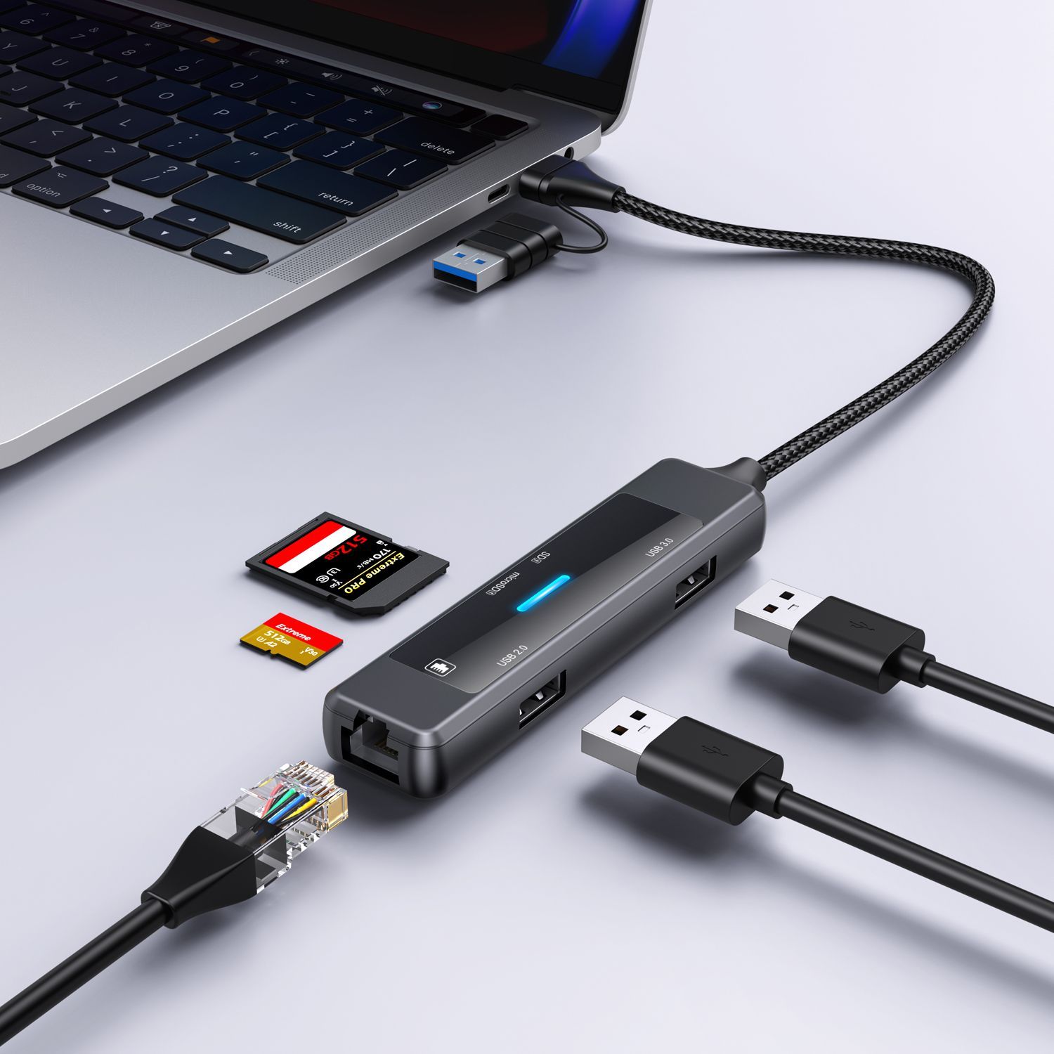 USB Концентратор на 5 портов: USB2.0,USB3.0 Type-C, Ethernet, microSD, SD. Разветвитель, хаб, картридер для ноутбука.