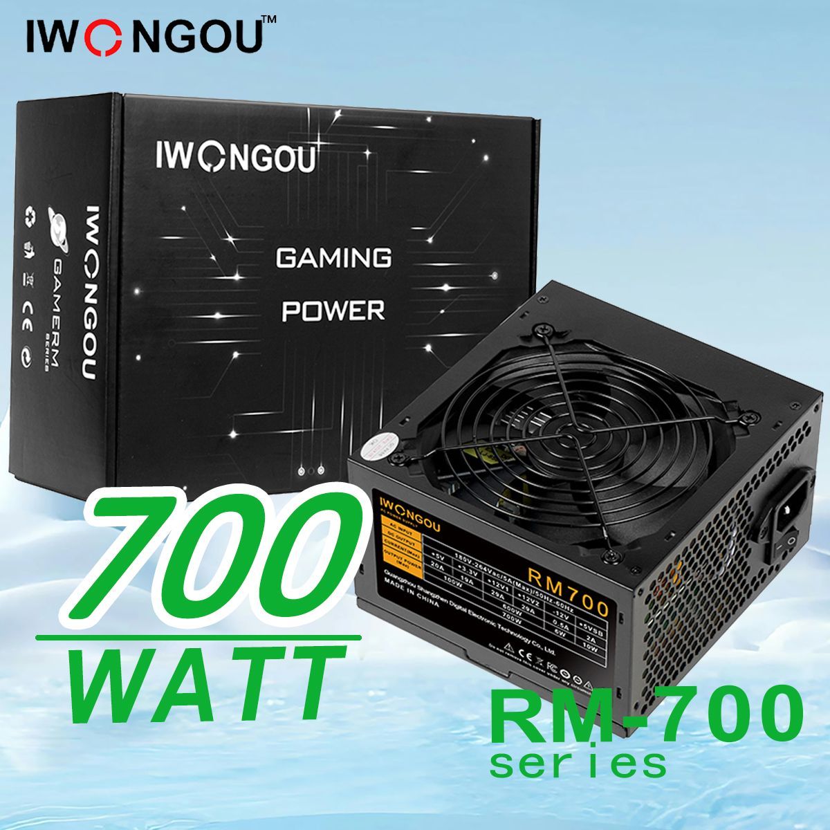 блокпитаниядляпкIWONGOU700WATXчёрный,12CMкулер,20+4P,2*CPU(4+4),2*PCI-E(6+2),5*SATA,3*Molex,кабельпитания