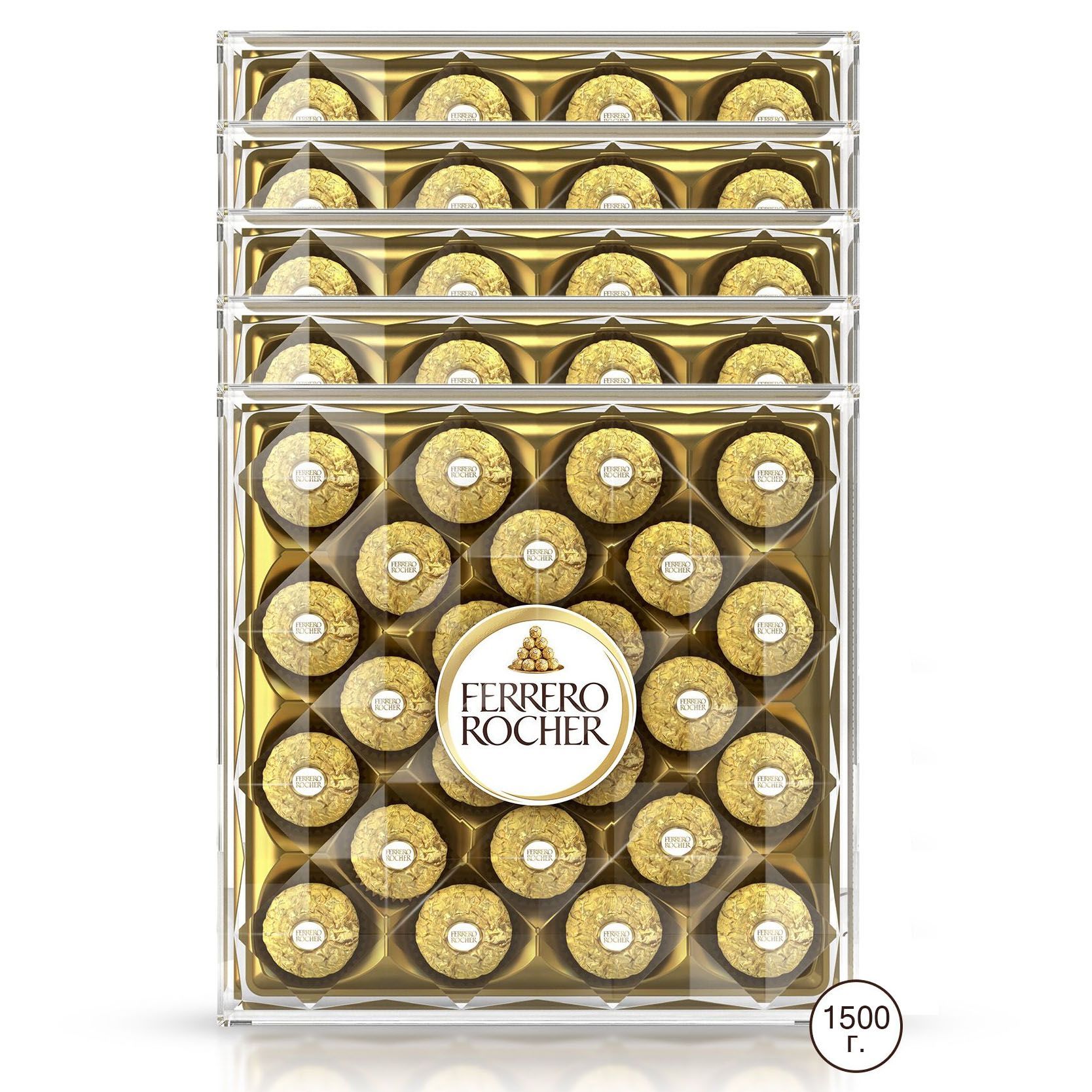 Конфеты хрустящие в коробке Ferrero Rocher, из молочного шоколада, с начинкой из крема и лесного ореха, 300 г*5