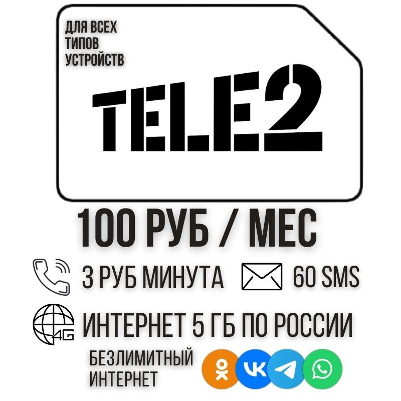 SIM-картаСимкартаИнтернетдлясмартчасовидругихустройств100рубвмесяцнетминут60смс5ГБISTP84T2(ВсяРоссия)