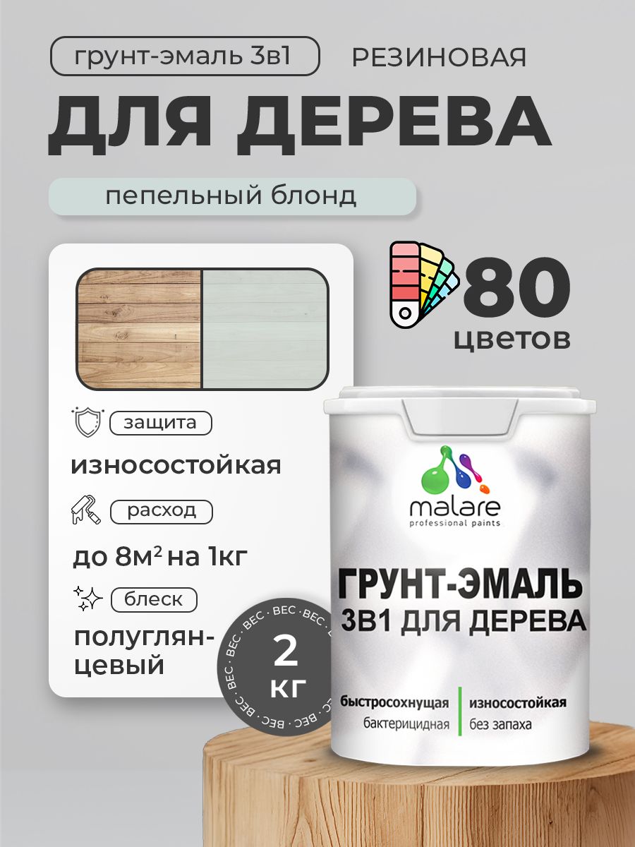 Латексная Грунт-Эмаль 3 в 1 Malare для деревянных поверхностей с антисептическим эффектом, быстросохнущая моющаяся без запаха полуглянцевая, пепельный блонд, 2 кг