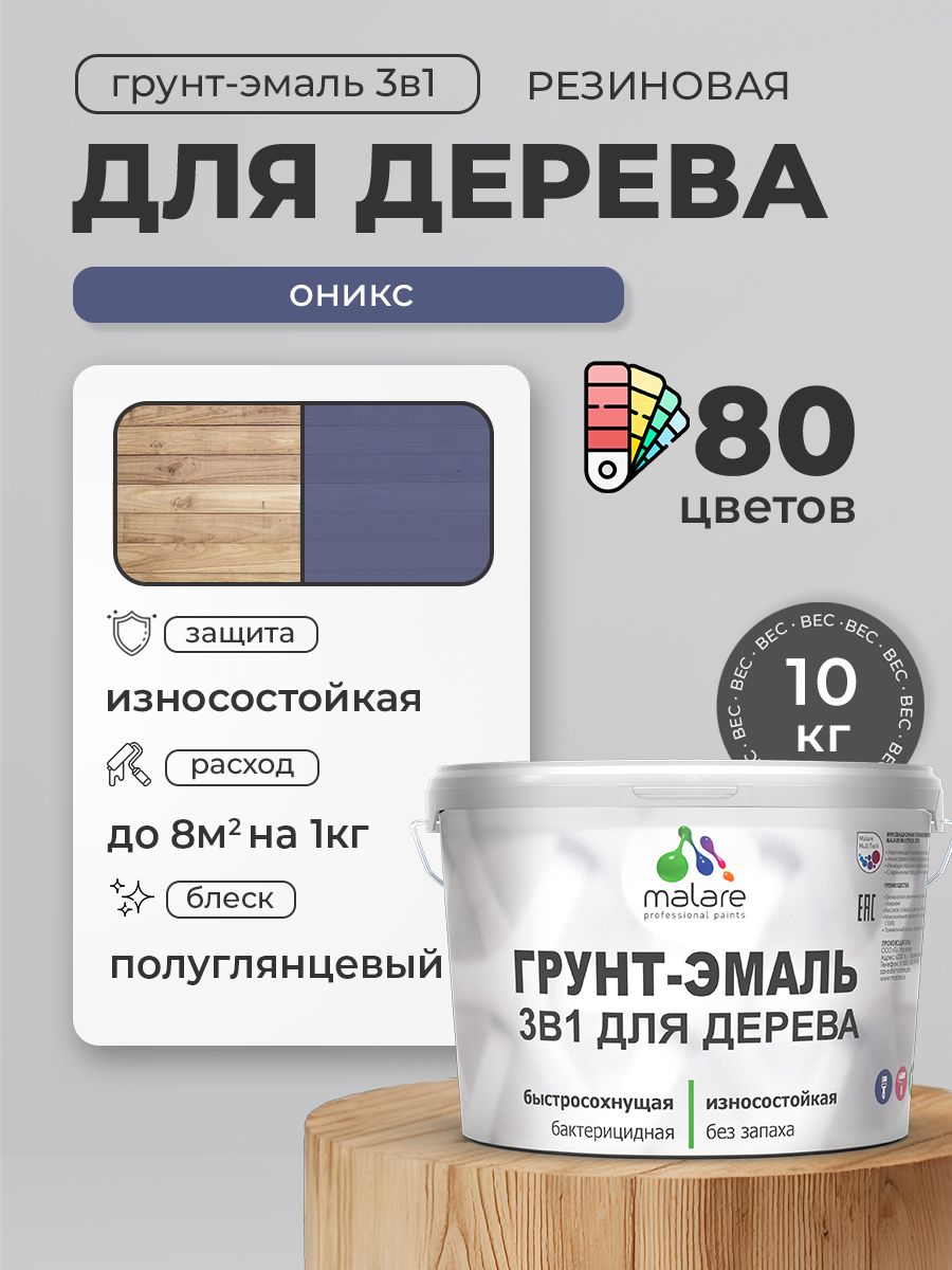 Латексная Грунт-Эмаль 3 в 1 Malare для деревянных поверхностей с антисептическим эффектом, быстросохнущая моющаяся без запаха полуглянцевая, оникс, 10 кг