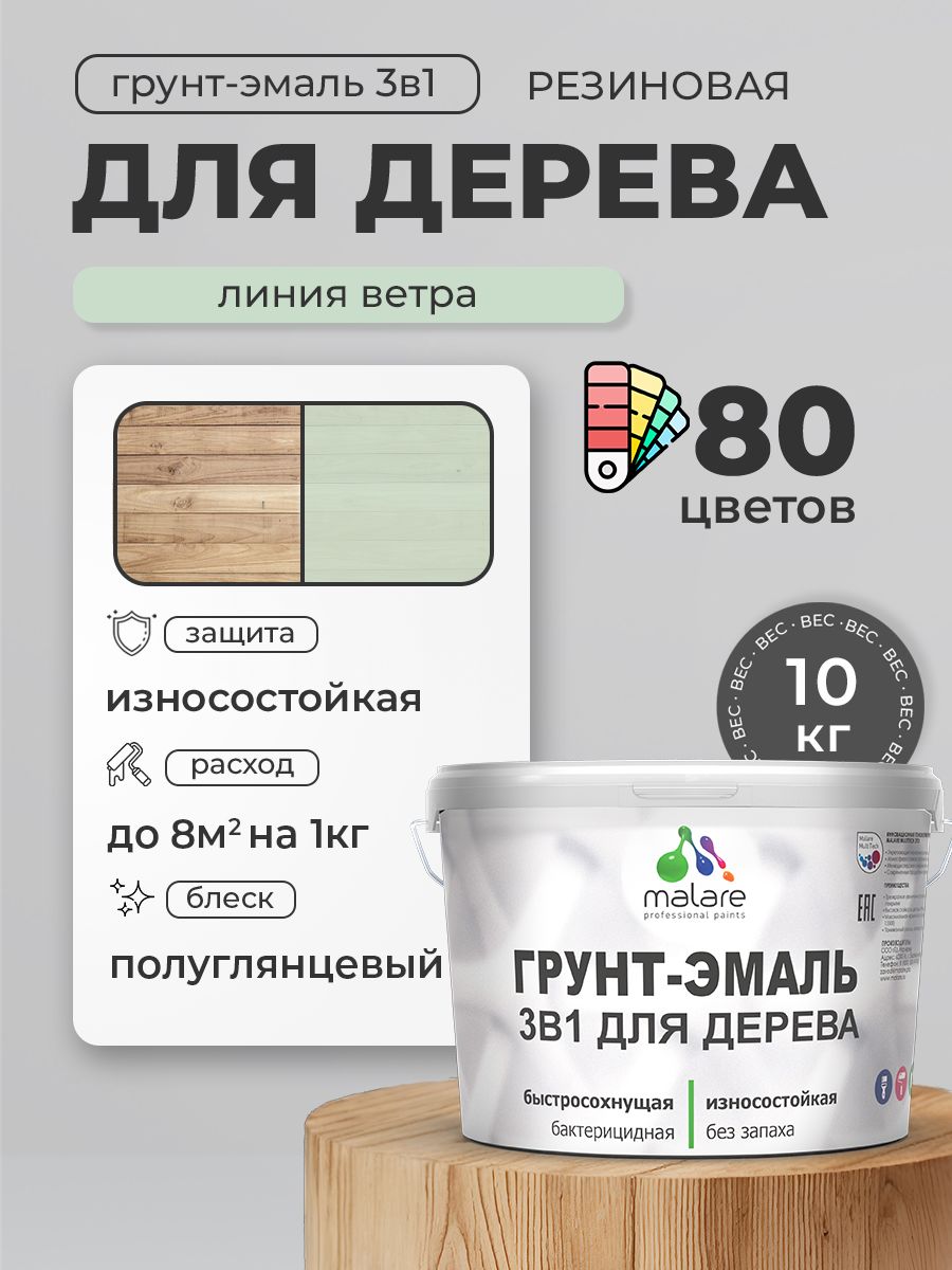 Латексная Грунт-Эмаль 3 в 1 Malare для деревянных поверхностей с антисептическим эффектом, быстросохнущая моющаяся без запаха полуглянцевая, линия ветра, 10 кг