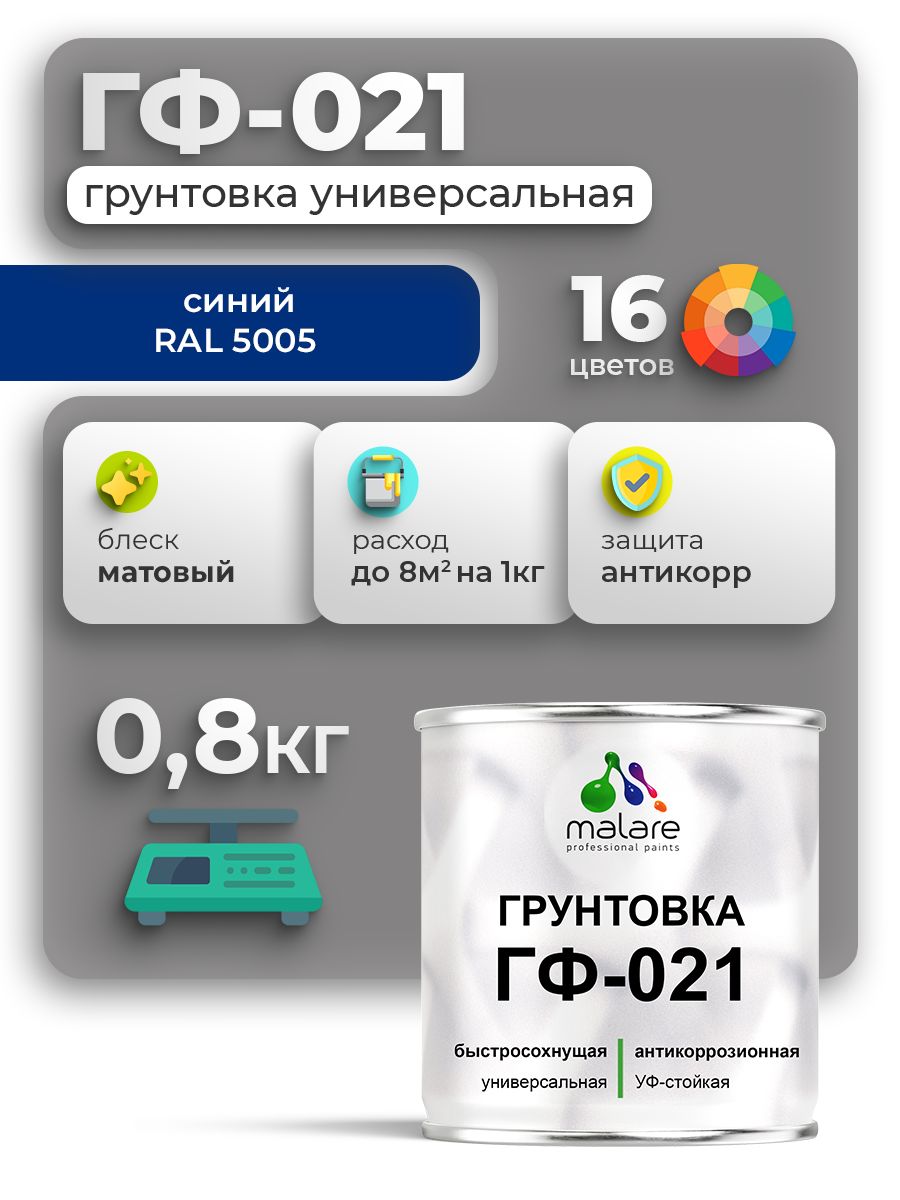 Грунтовка Malare ГФ-021 для металла, минеральных поверхностей для внутренних и наружных работ, антикоррозионная быстросохнущая RAL 5005, синий, матовая, 0,8 кг.