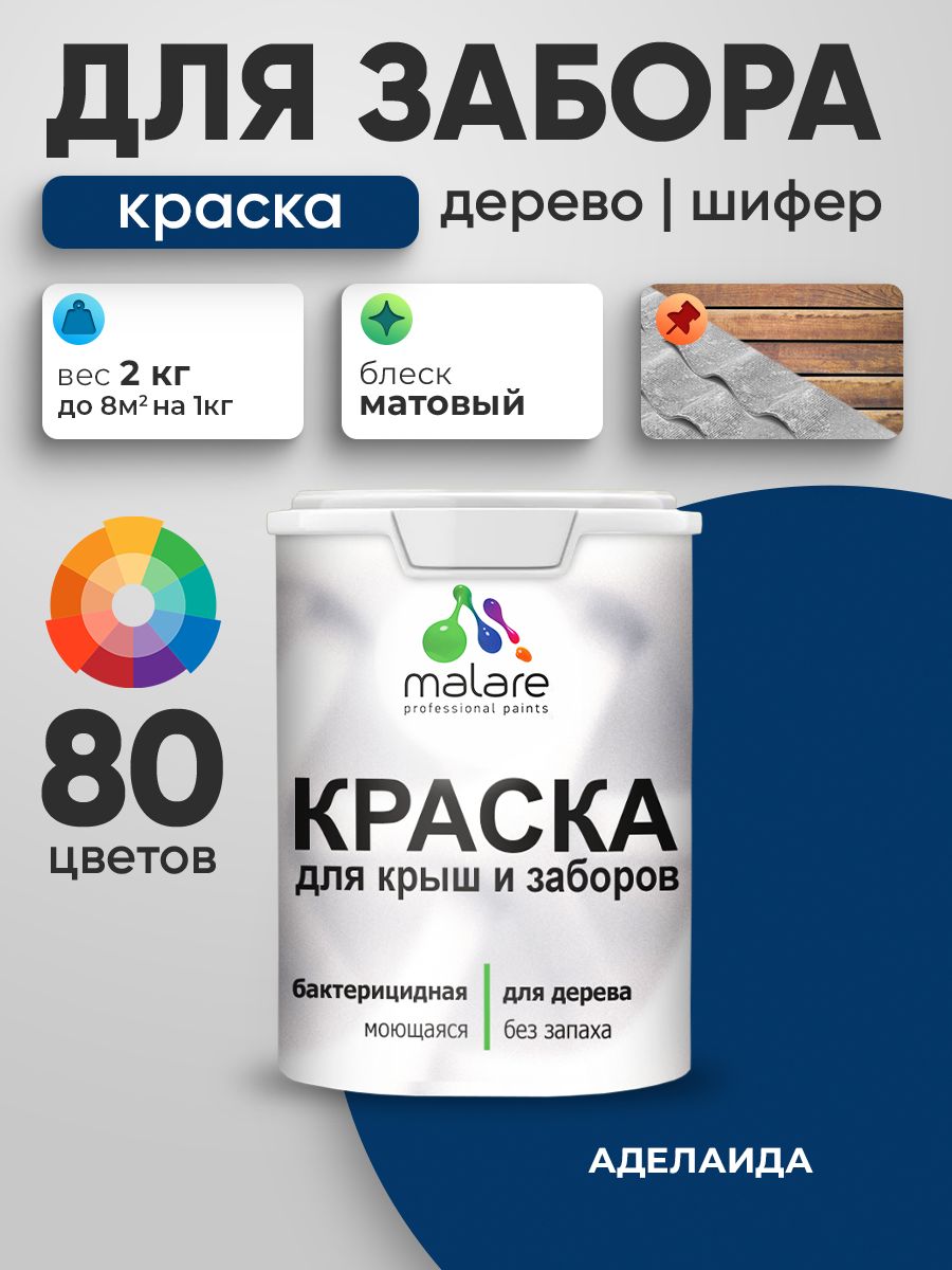 Акриловая краска Malare для деревянного забора/ по дереву для наружных и внутренних работ/ быстросохнущая моющаяся без запаха, матовая, аделаида, 2 кг.