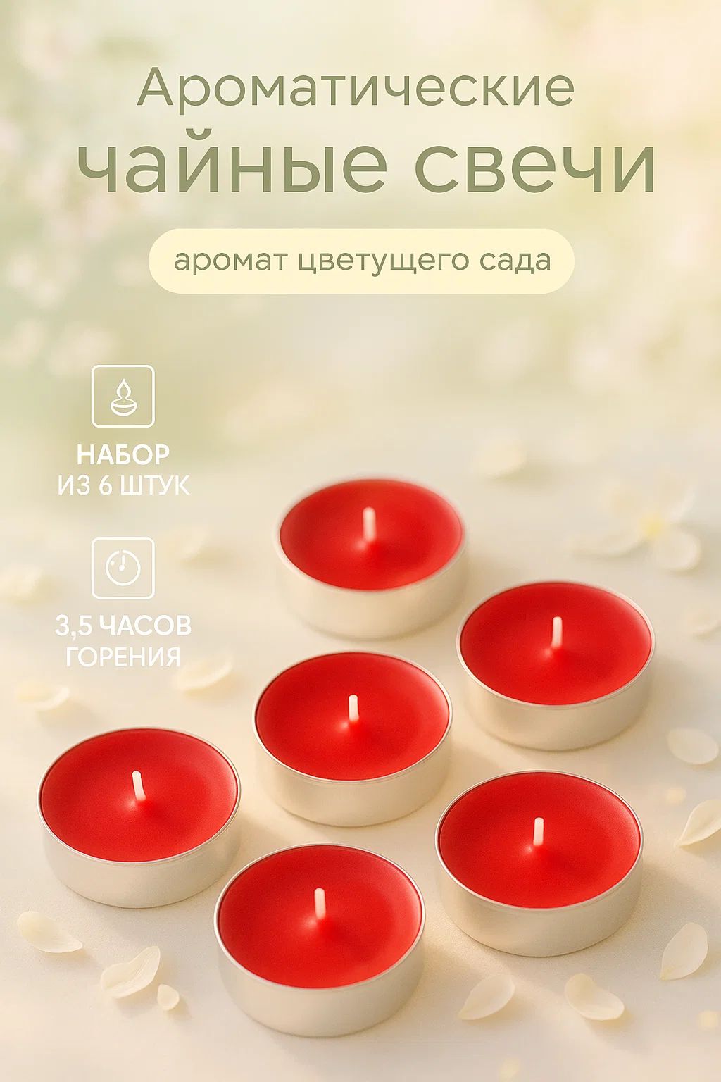 Свечи чайные / 6 шт "Цветы" ароматические , подарочная упаковка