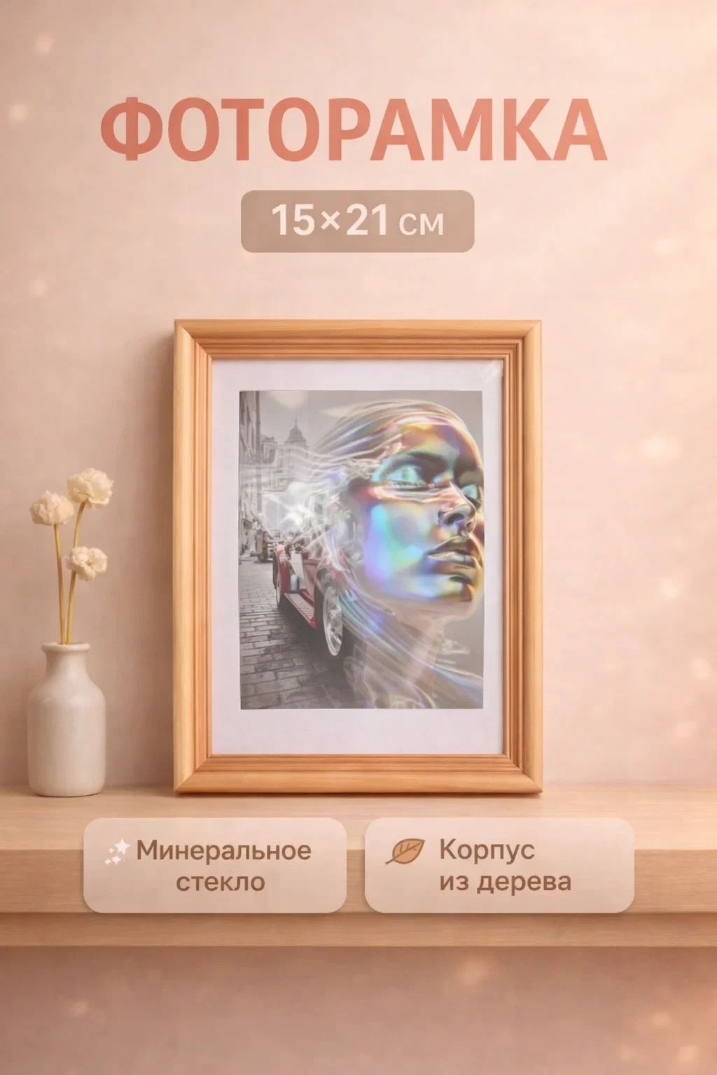 Фоторамка дерево, 15х21 см, рамка для фото светло-коричневая / рамка для картин, постера, творчества / для интерьера