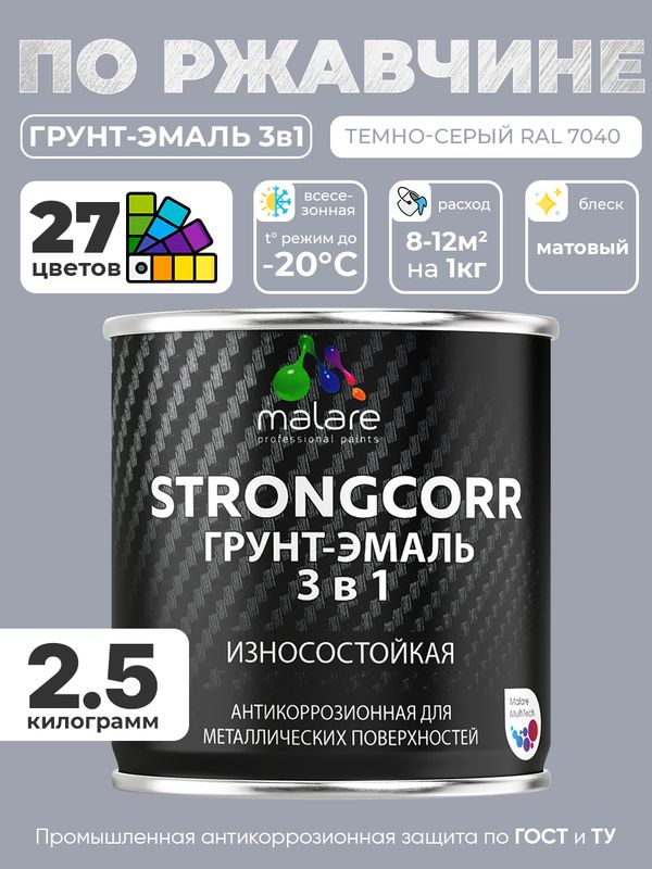 Грунт-Эмаль по ржавчине 3 в 1 Malare StrongCorr/ Краска по ржавчине для металла, износостойкая антикоррозионная акрил-уретановая матовая RAL 7040 темно-серый, 2,5 кг.