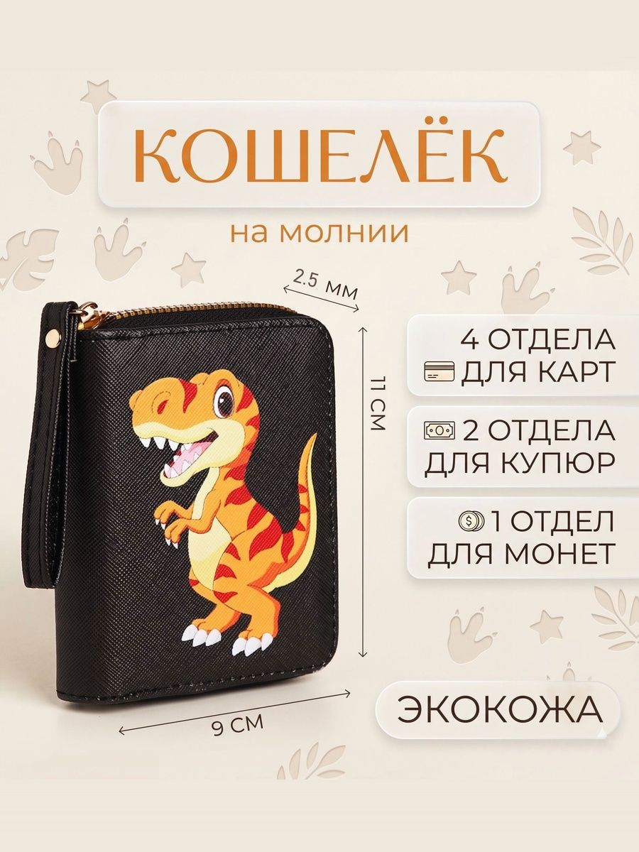Детский кошелек Дино на молнии, черный карманный бумажник с рисунком