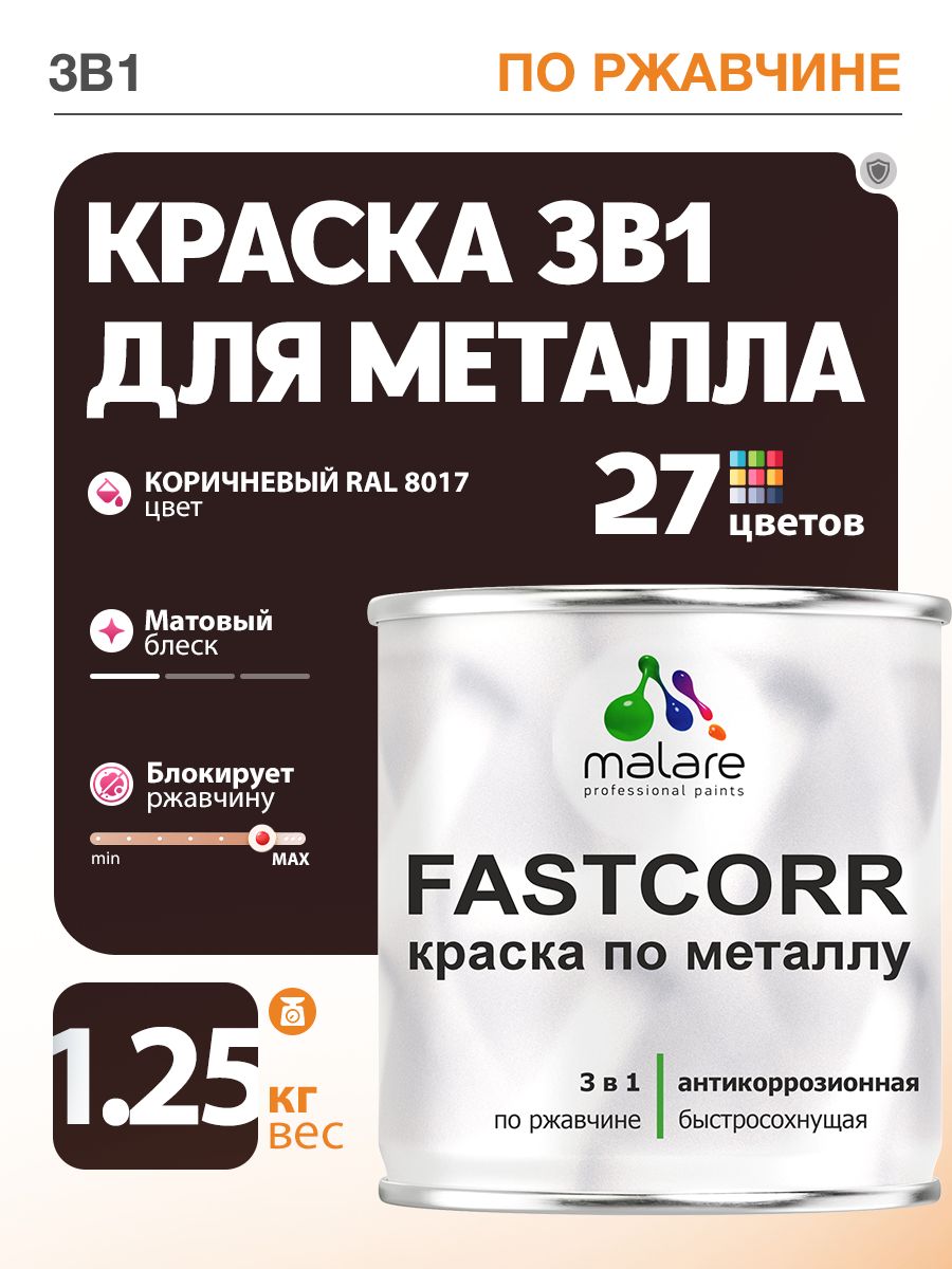Краска для металла по ржавчине Malare FastCorr, для наружных работ износостойкая, быстросохнущая RAL 8017 коричневый, матовая, 1,25 кг