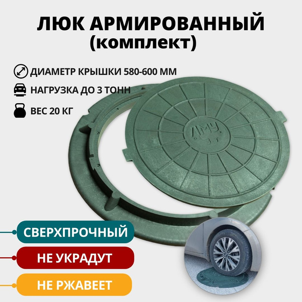 Люк канализационный полимерно-песчаный, люк садовый, 580-600 мм, до 3 т ...
