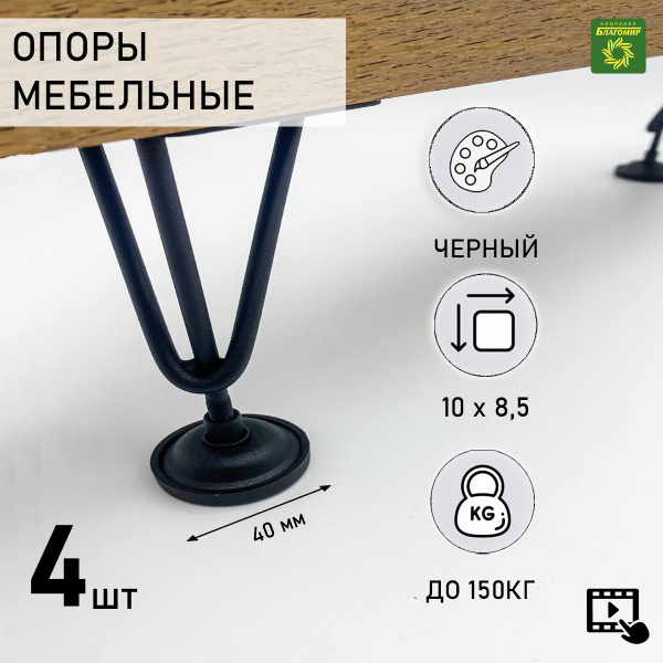 Ножки мебельные, опоры металлические, стиль лофт, черная 2 шт, 100 мм ...