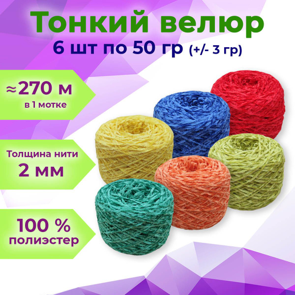 Тонкий бобинный велюр 2 мм для вязания игрушек / велюровая пряжа ...