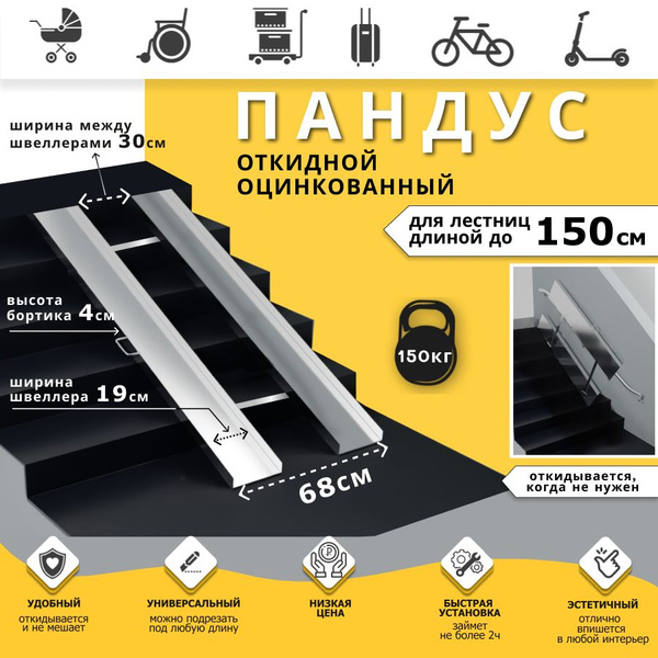 Пандус откидной оцинкованный СТАНДАРТ 150 см / Для детских колясок / В ...
