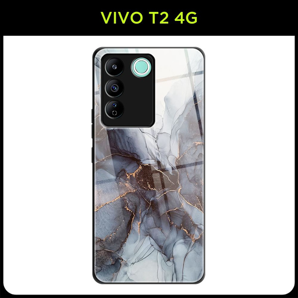 Стеклянный чехол на Vivo T2 4G / Виво Т2 4G с принтом "Мрамор серо ...