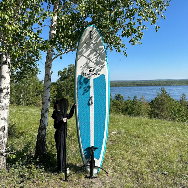 SUP-доска надувная, ,бело-голубая, спортивная для плавания и серфинга с ...