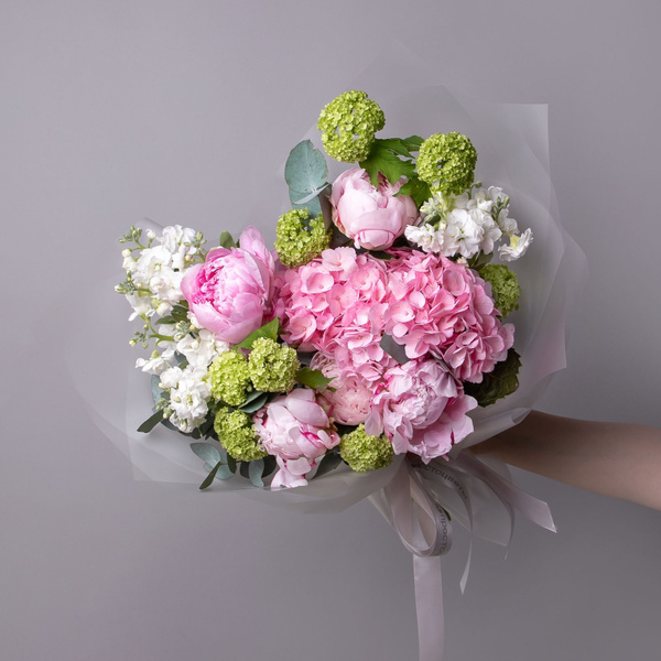 Пион, Гортензия, Маттиола ПРОСТОЦВЕТЫ, цвет белый;розовый, 17 шт купить ...