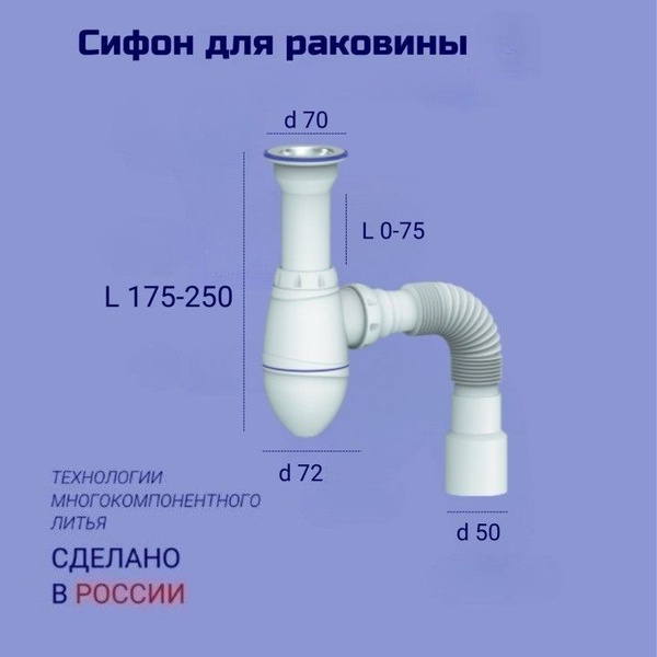 Сифон для раковины, умывальника, без перелива, компактный, нержавеющая ...