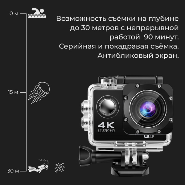 Экшн камера 4K водонепроницаемая, экшен камера с креплениями и защитным ...