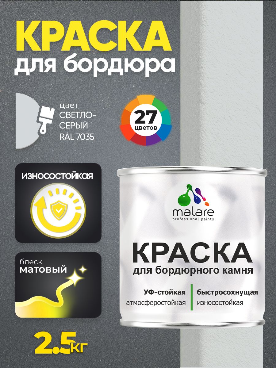 Краска Malare для бордюрного камня, тротуарных камней и плит, износостойкая, быстросохнущая, матовая RAL 7035, светло-серый, 2,5 кг