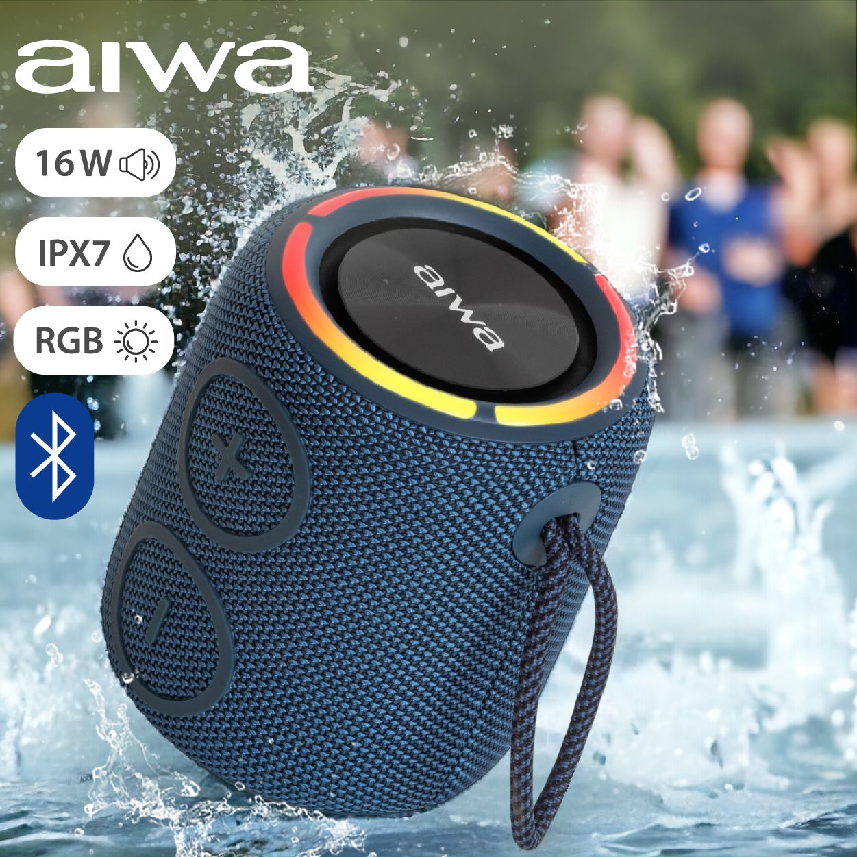 Беспроводная колонка AIWA PAS-H100 dark blue с Bluetooth, AUX, TF-card и TWS, с RGB подсветкой, 16 Вт