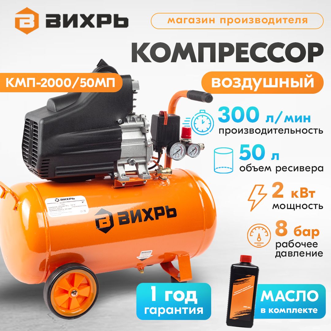 КомпрессорвоздушныйКМП-2000/50МПВихрь2000Вт,ресивер50Л,300л/м.