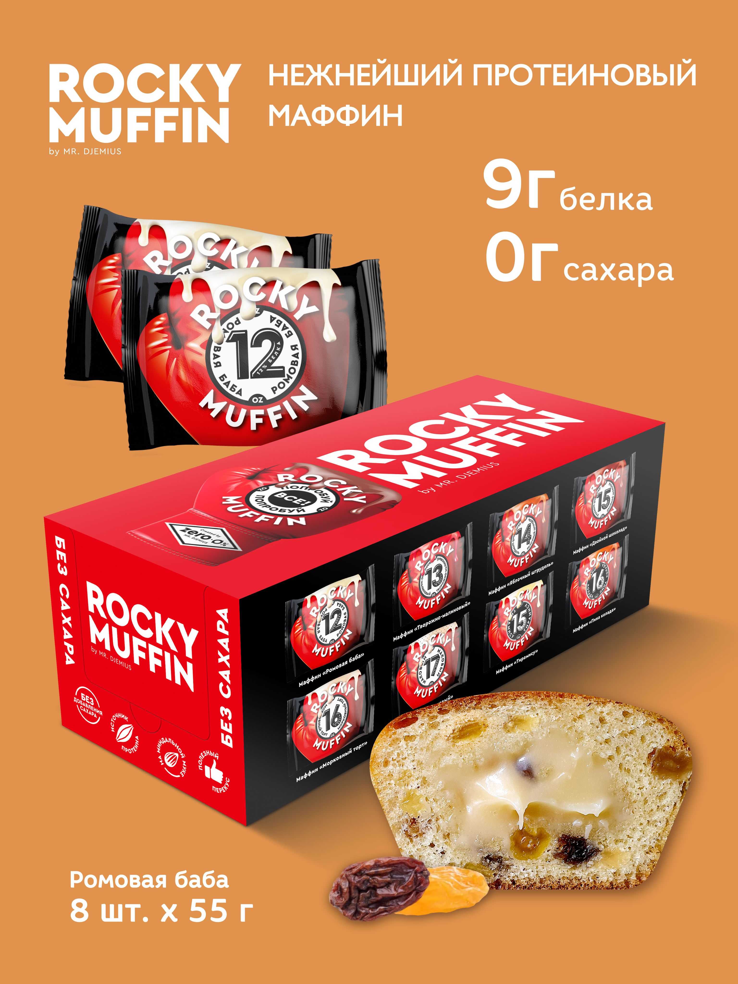 Маффины протеиновые без сахара Mr.Djemius Zero Ромовая баба ROCKY MUFFIN 8штук по 55гр