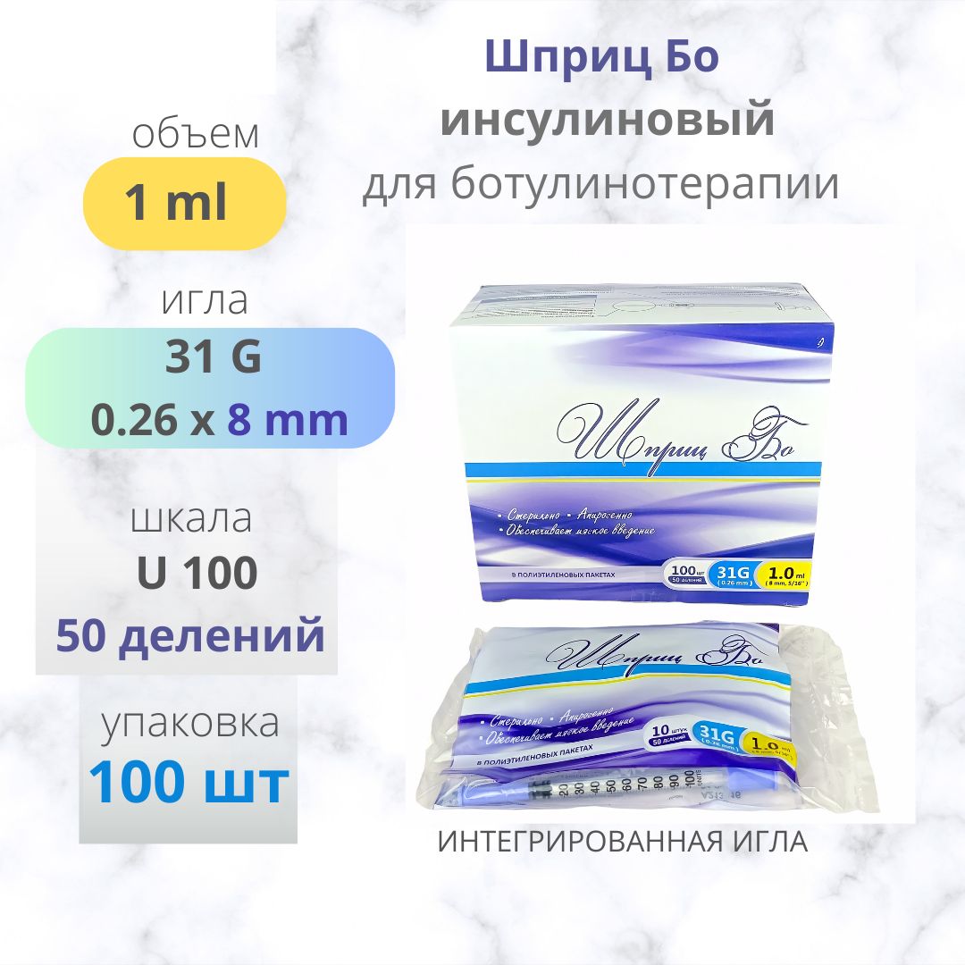 Шприц БО 1мл 31G 8mm U100 100шт инсулиновый для ботулинотерапии