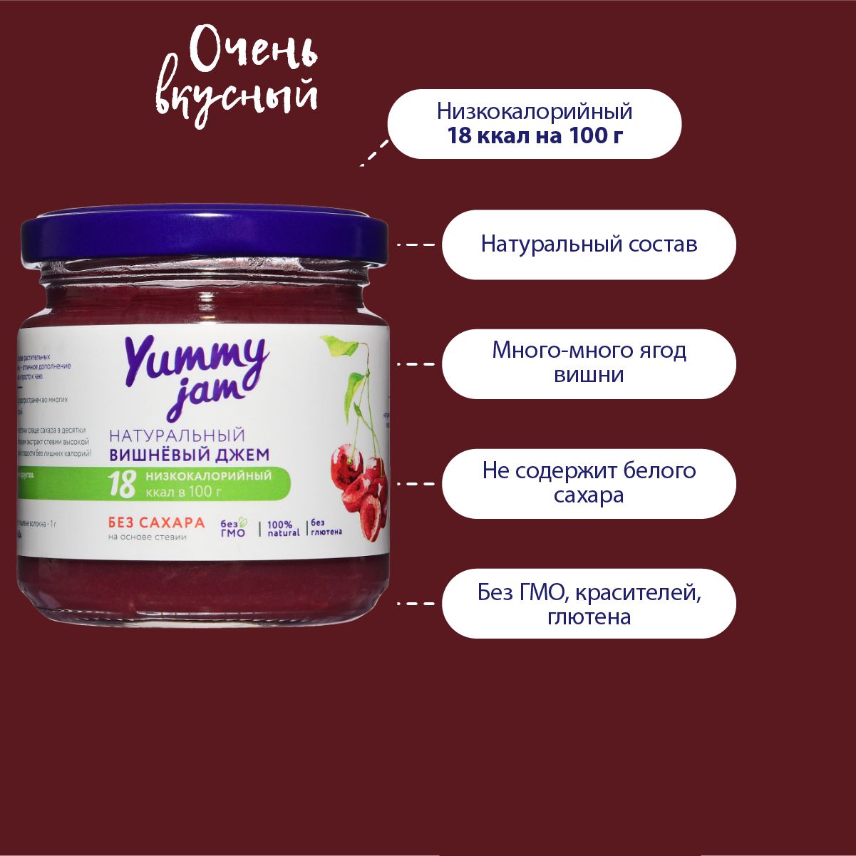 Натуральный низкокалорийный джем / варенье / повидло без сахара Yummy Jam вишневый, 200 гр.