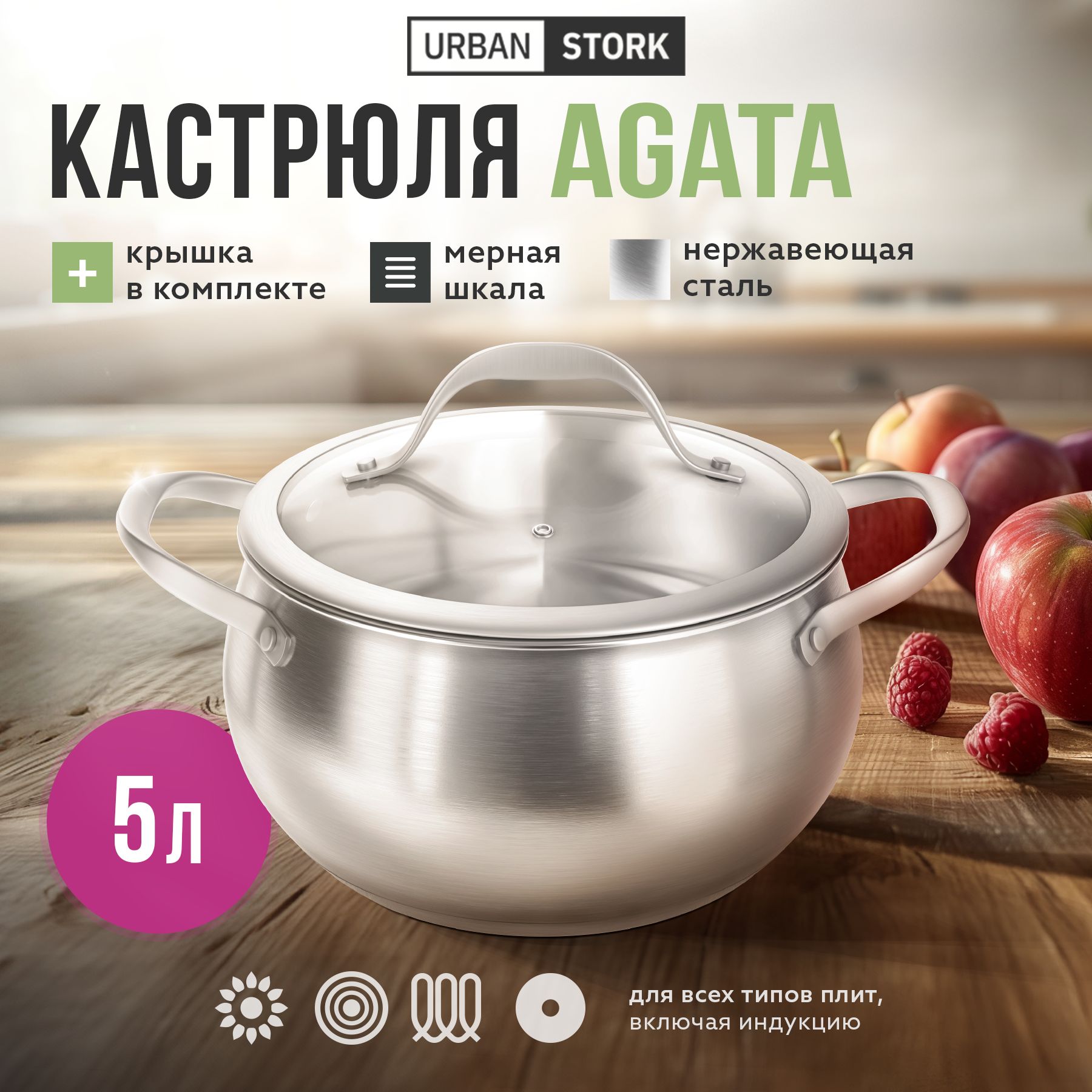 Кастрюляизнержавеющейсталискрышкой"AGATA",5л