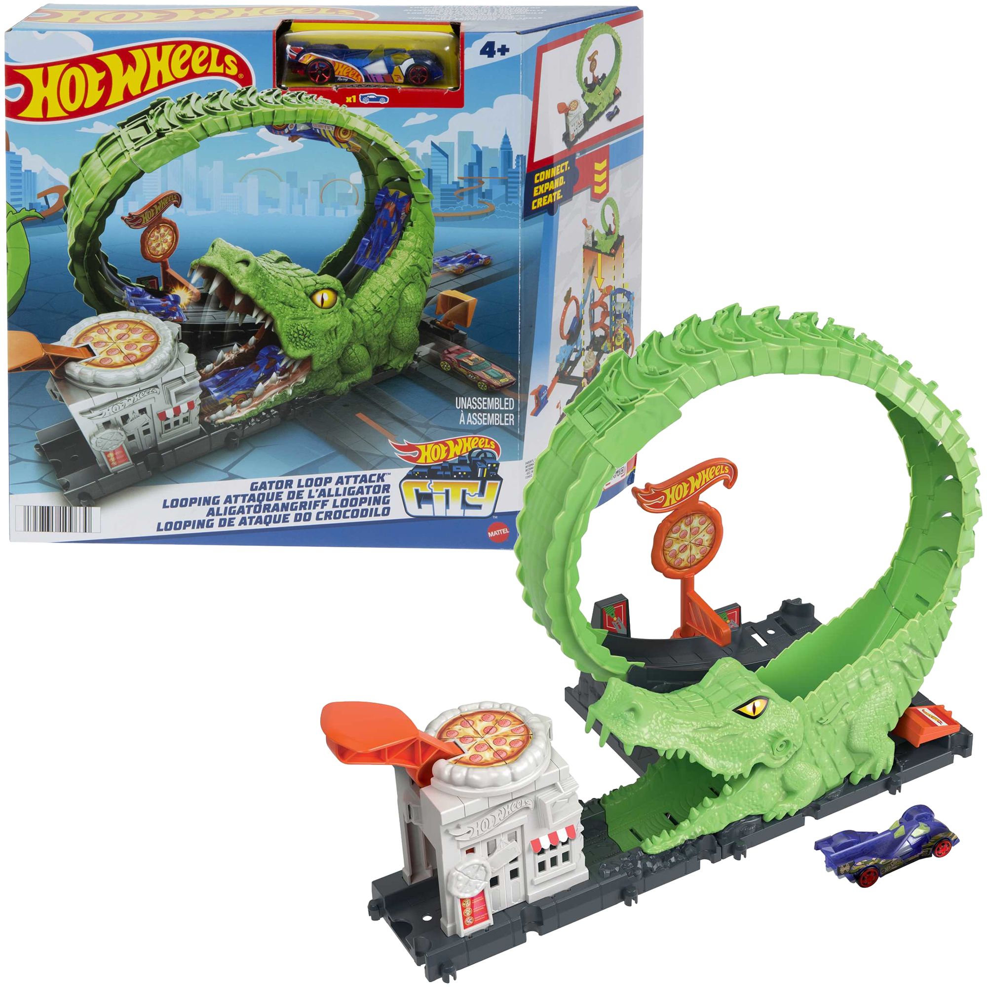 Игровой набор Hot Wheels Gator Loop Pizza Place, трек с 1 игрушечной машинкой,Гаражный набор