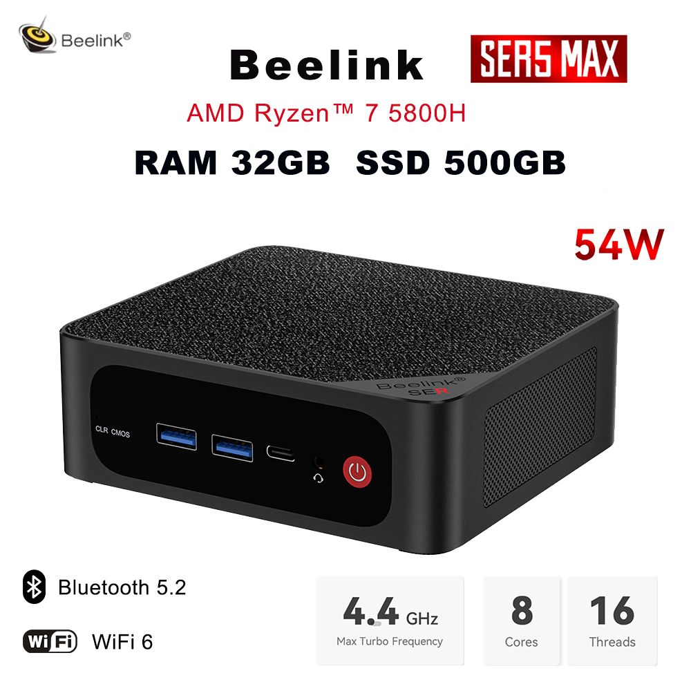 BeelinkМини-ПКSER5MAX5800H(AMDRyzen75800H,RAM32ГБ,SSD500ГБ,AMDRadeonR7,Windows11Pro),SER5MAX5800H,черный