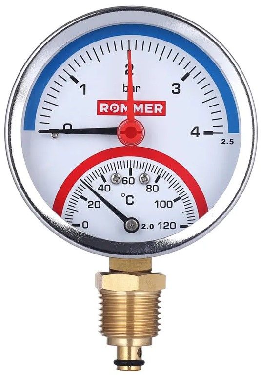 Термоманометр радиальный в комплекте с запорным клапаном ROMMER 1/2", 4 бар (корпус 80)