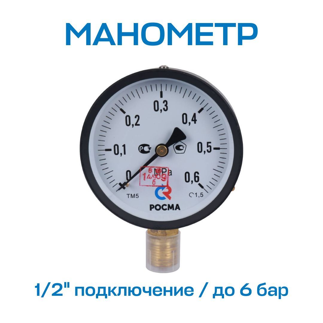 Манометррадиальныйd100мм,подключение1/2",до6бар(0-0,6МПа)ТМ-510P.00РОСМА