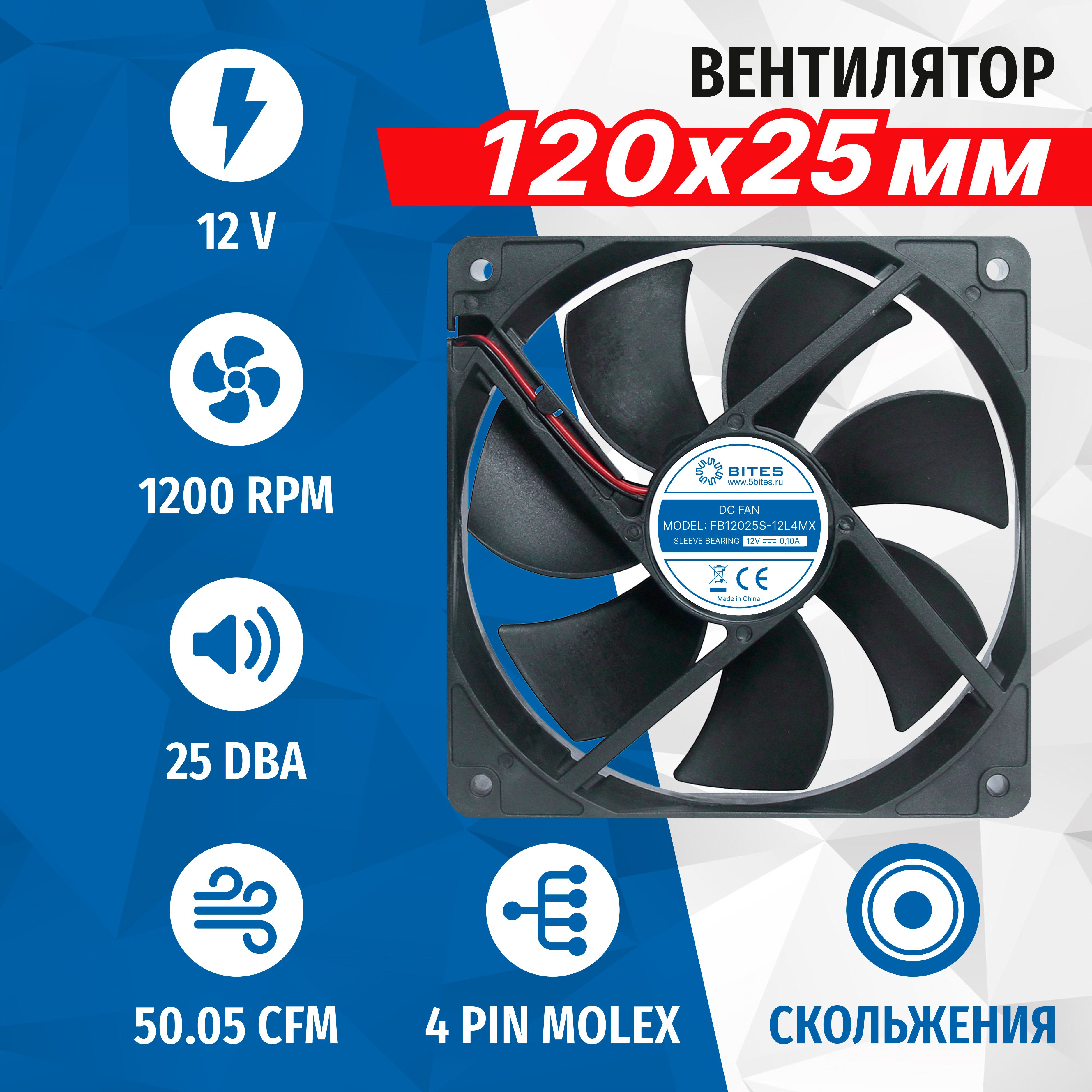 Вентилятор 120x120x25мм 12в, Molex 4pin подшипник скольжения, 1200rpm, 25 дБ, 5bites FB12025S-12L4MX