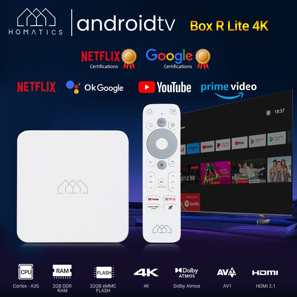 СмартТВПриставкаHOMATICSBoxRLite4K2/32ГБAmlogicS905Y4Androidtv12ПоддержкаDolbyAtmos4KAV1H.2652.4&5G2T2RWifiBT5.0СертифицированоGoogleиNetflixМедиаплеерAndroidtvBox