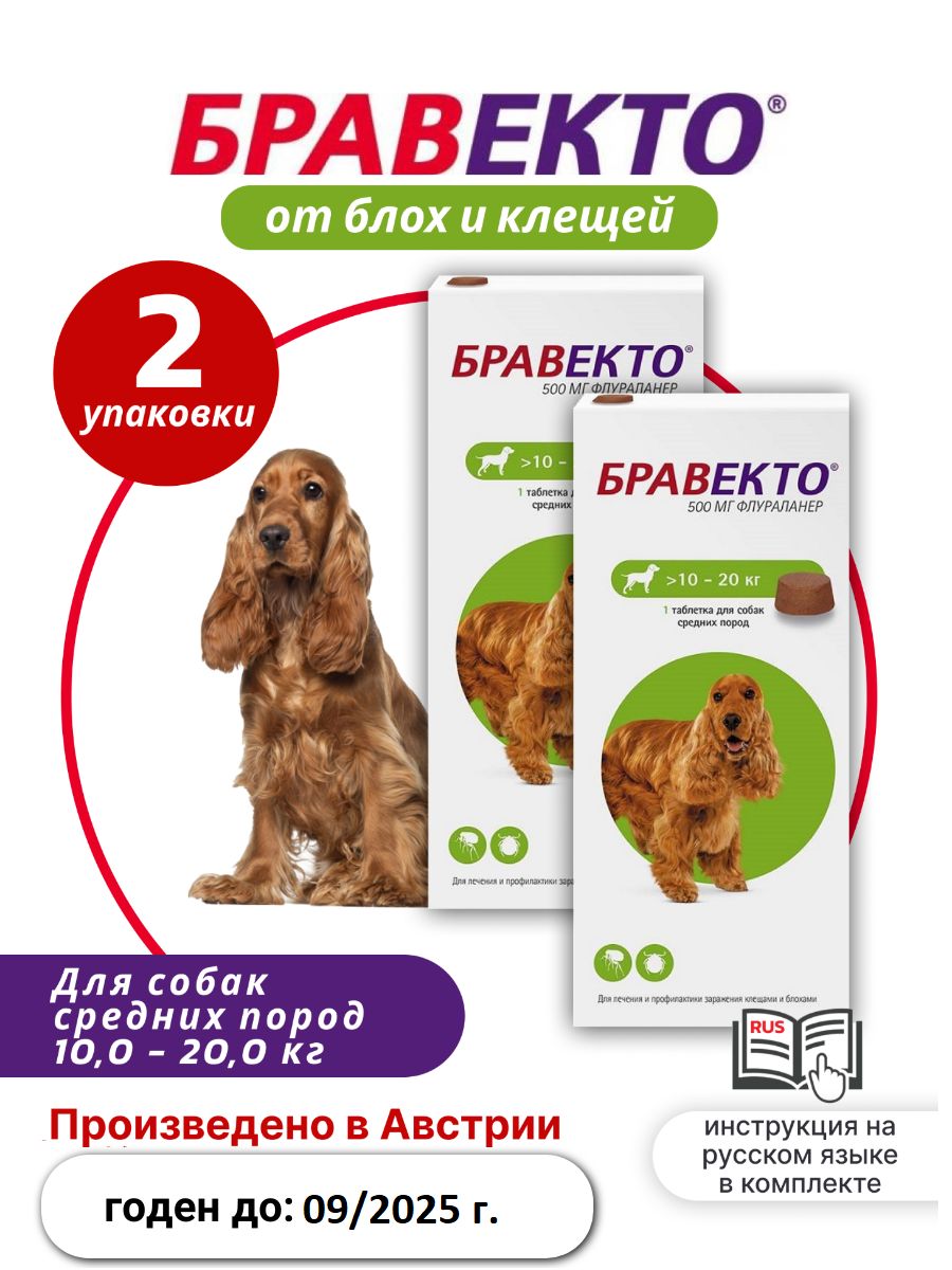 Бравекто Таблетки от блох и клещей для собак 10-20кг, 500мг, 2 упаковки (  по одной таблетке в одной упаковке) - купить с доставкой по выгодным ценам  в интернет-магазине OZON (1206842390)