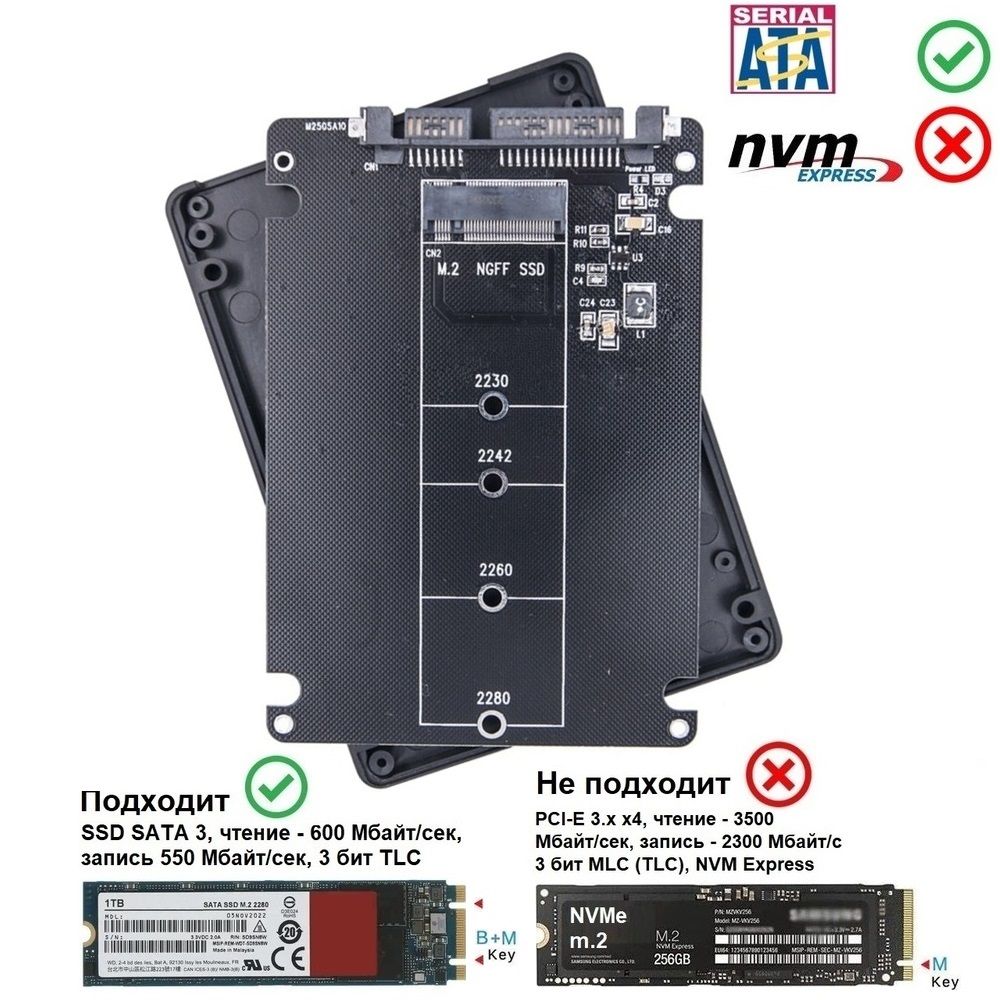 NGFF Адаптер для SSD m.2 SATA3 в SATA 6 Gb/s, B ключ, БОКС