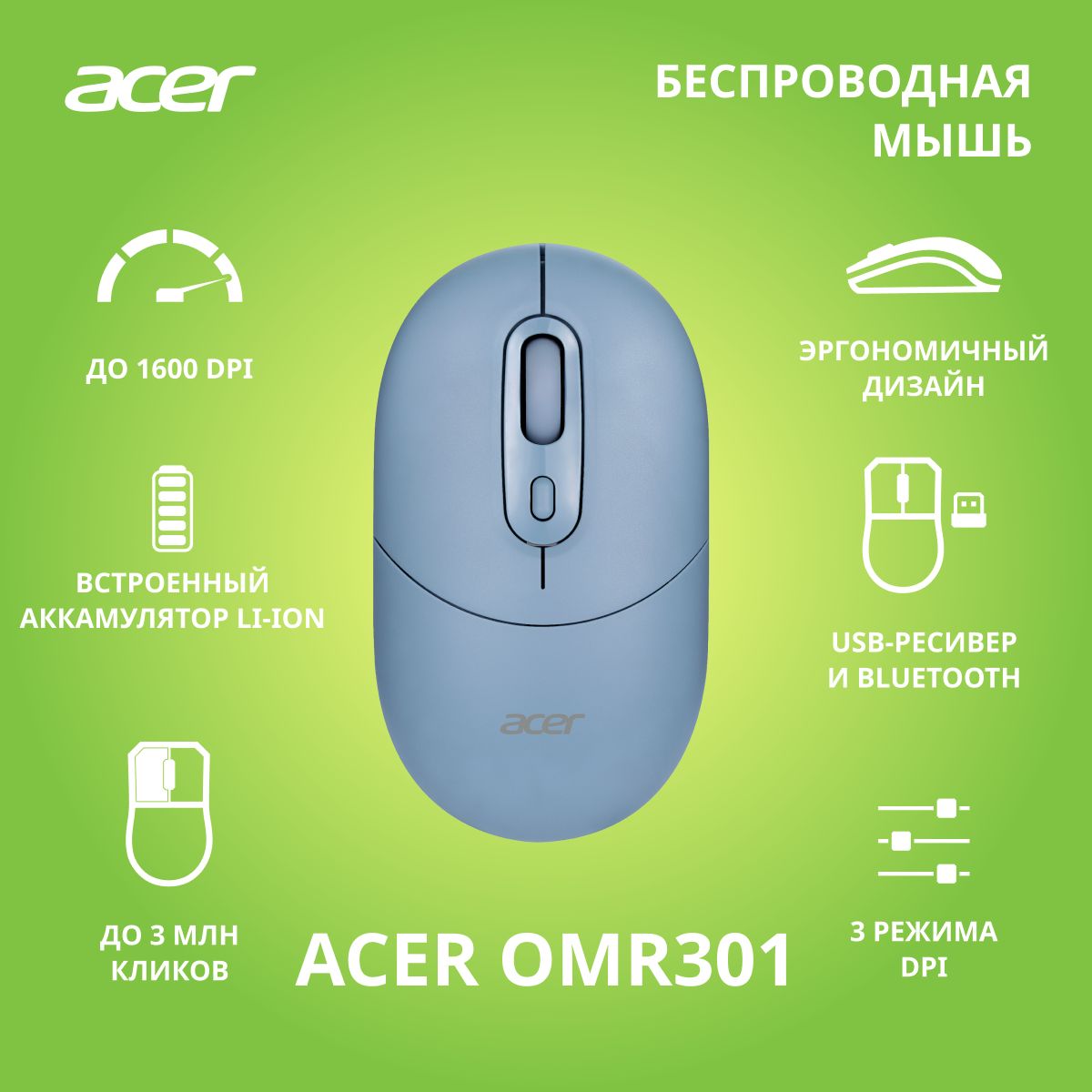 Беспроводная мышь Acer OMR301 синий (1600dpi) Bluetooth/USB (4 кнопки)