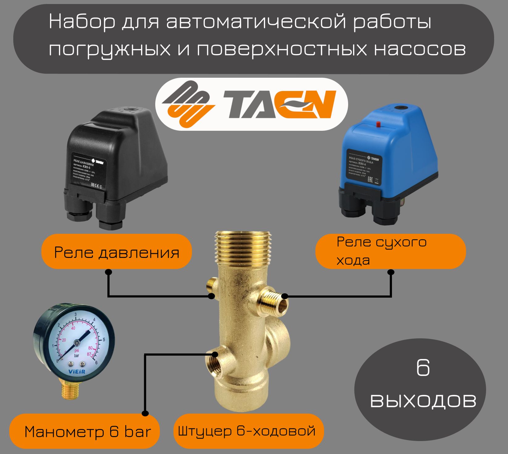 НабордляавтоматическойработыпогружныхиповерхностныхнасосовTAEN(6-тивыводнойштуцер+манометр+реледавления+релесухогохода)