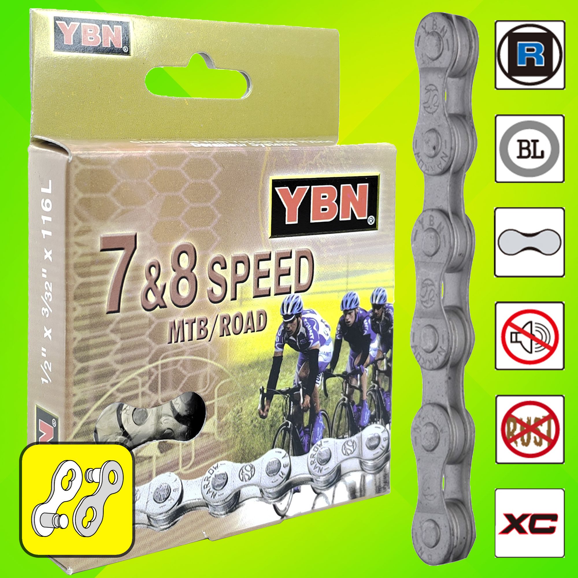 YBN Цепь для велосипеда S52-RB, 1/2"x3/32", 116 звеньев, 7/8 скоростей, замок цепи — Каталог Ozon