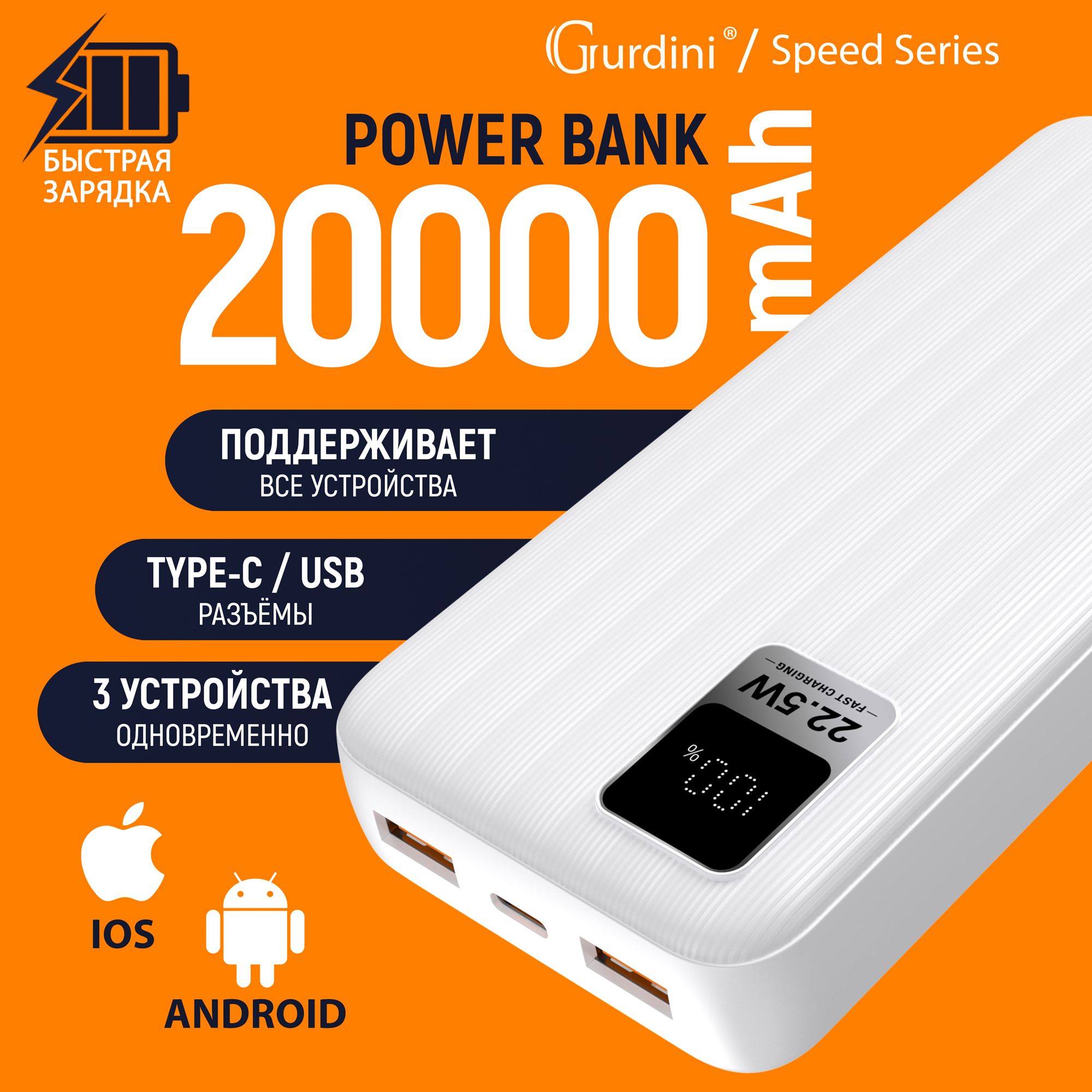 Внешний аккумулятор с быстрой зарядкой Gurdini Speed Series 20000mAh  GPPD-02W 2 USB+USB-C 22.5W ,белый, (PowerBank/ПоверБанк)