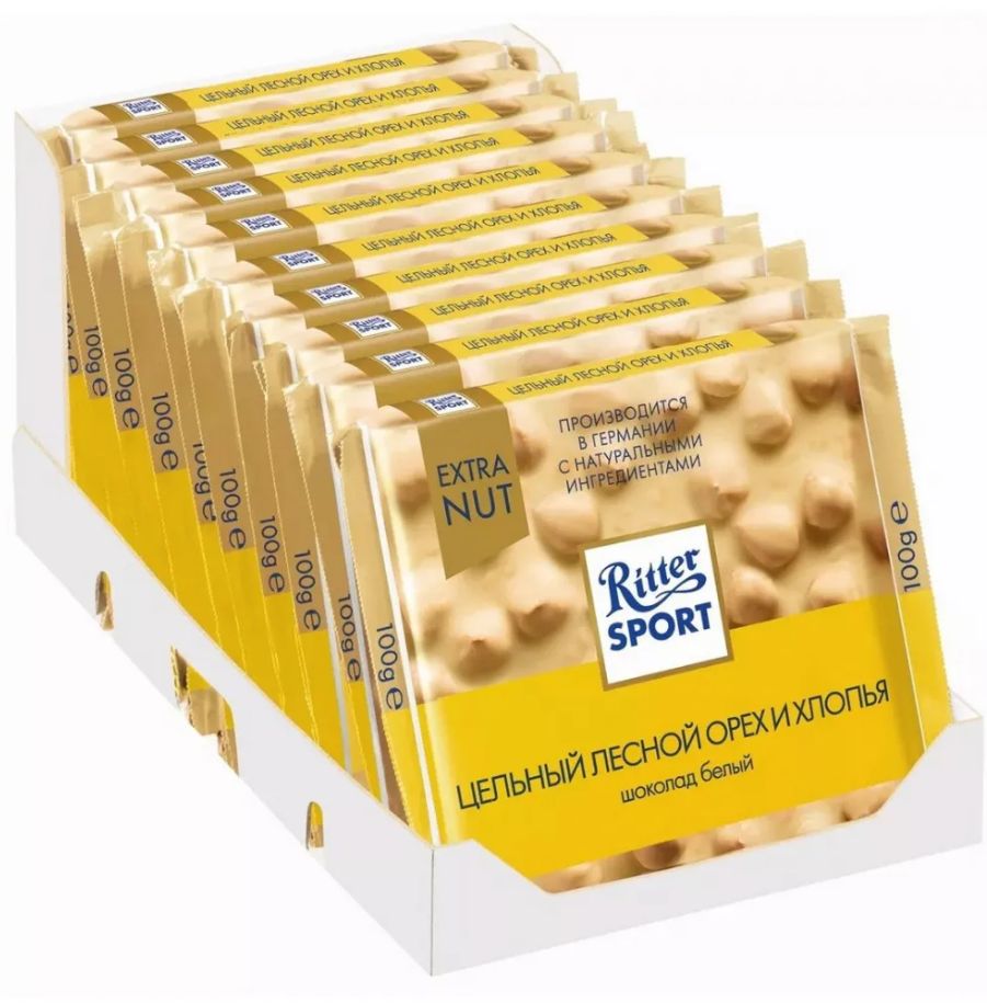 Шоколад Ritter Sport Белый с цельным лесным орехом и хлопьями, 100 гр - 10 штук