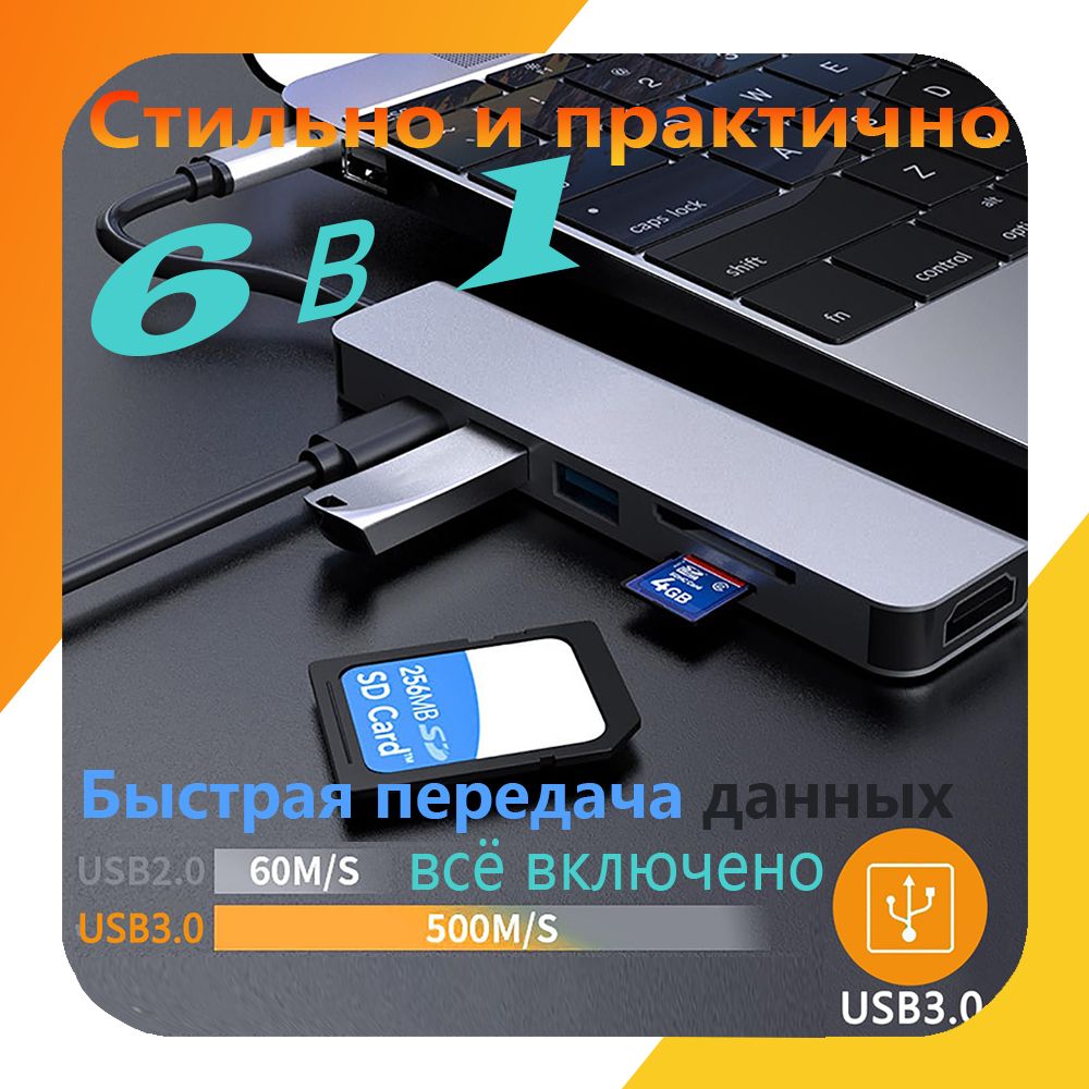Праздничнаяраспродажа!Концентратор6-в-1:USBHUB;зарядкаPD,PD87W;интерфейсHDMI,высокоскоростнойкард-ридерSD/TF,интерфейсUSB3.0