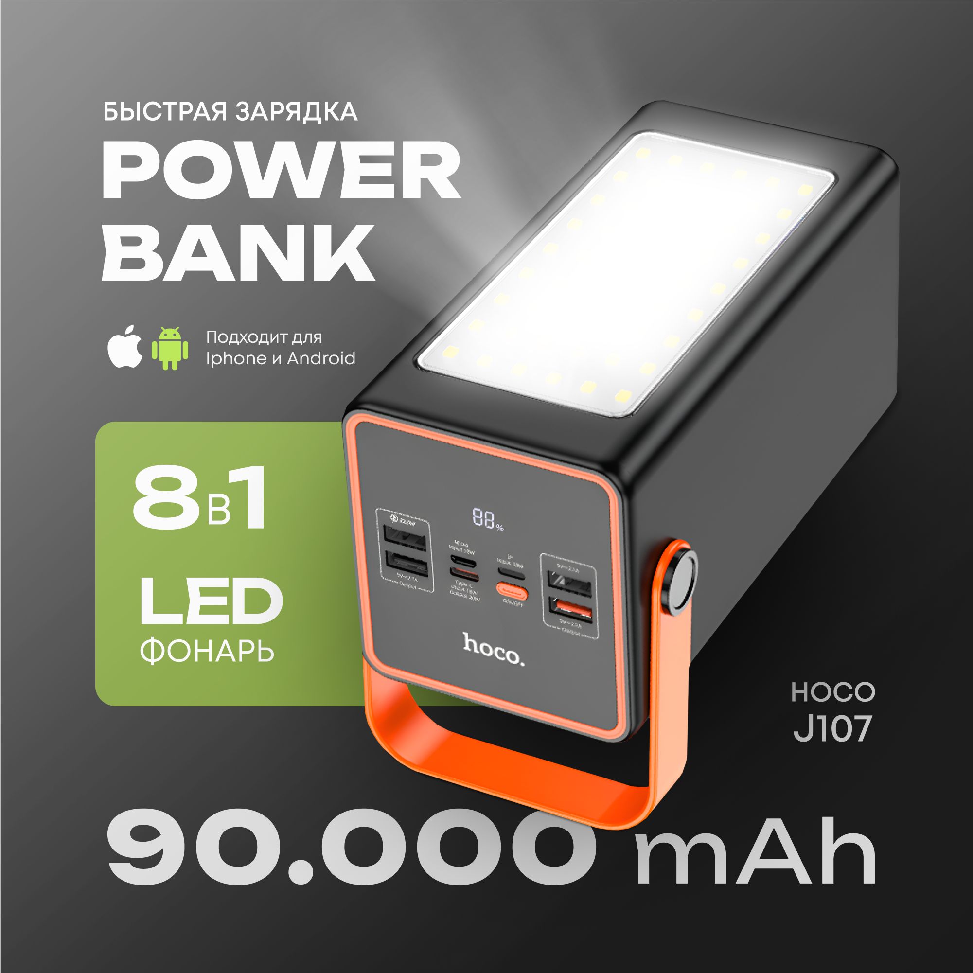 Повербанк90000mahсбыстройзарядкойифонарикомHocoJ10722.5W(PD20W+QC3.0)