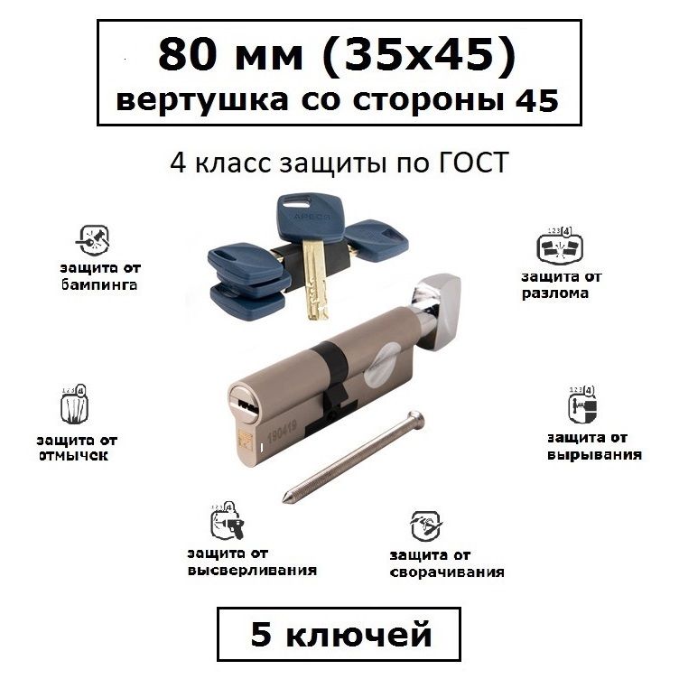 Цилиндрповышеннойвзломостойкостисвертушкойсостороны45ApecsPremierXR80(35x45)никель