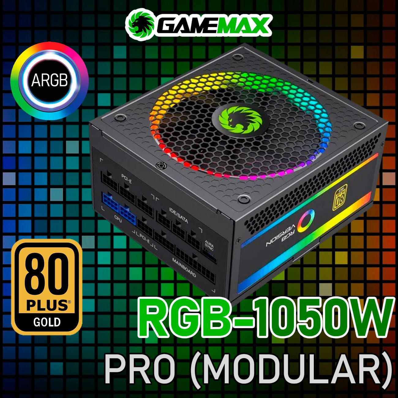 БлокпитанияATX1050WGameMaxRGB-1050PRO(Черный1050WGOLD140мм20+4pin2*4+4pin(CPU)4*6+2pin(PCI-E)10*SATA3*MOLEX)