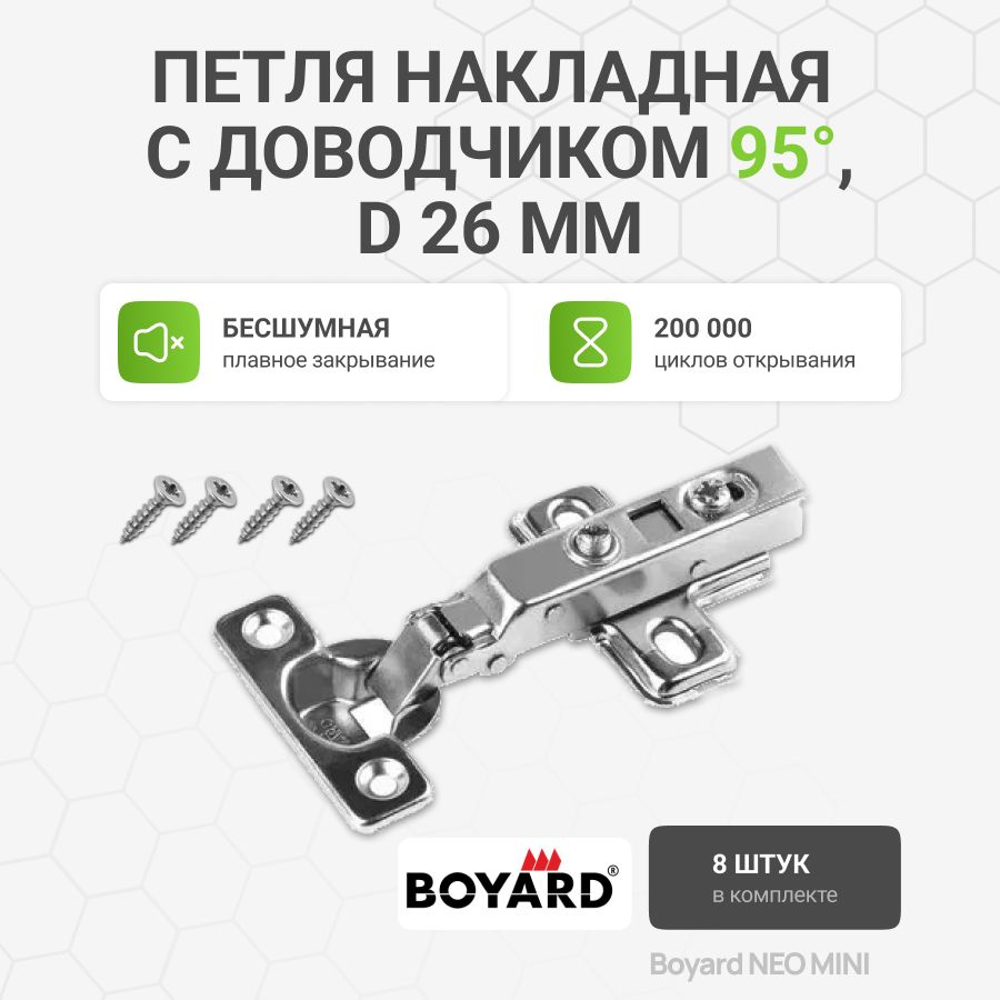 Петля мебельная накладная Boyard NEO MINI с доводчиком и крепежной фурнитурой угол открывания 95 градусов, D 26 мм, 8 шт