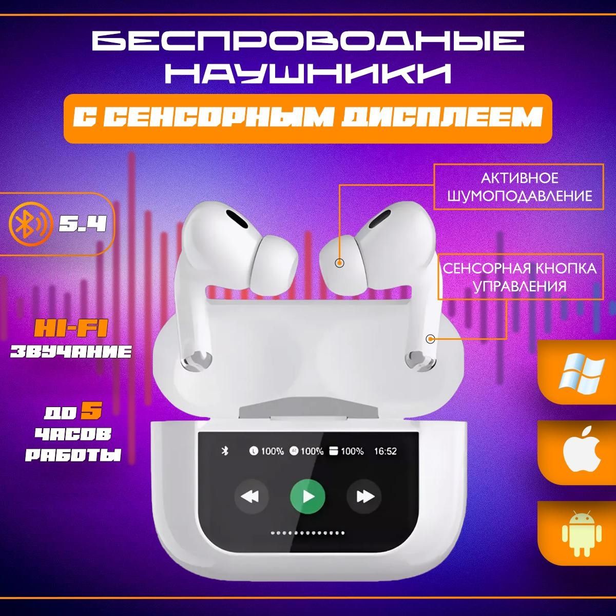 Беспроводныенаушники2024,А/Pods2Pro,сшумоподавлениемANC,Умныйэкран,Bluetooth,белый